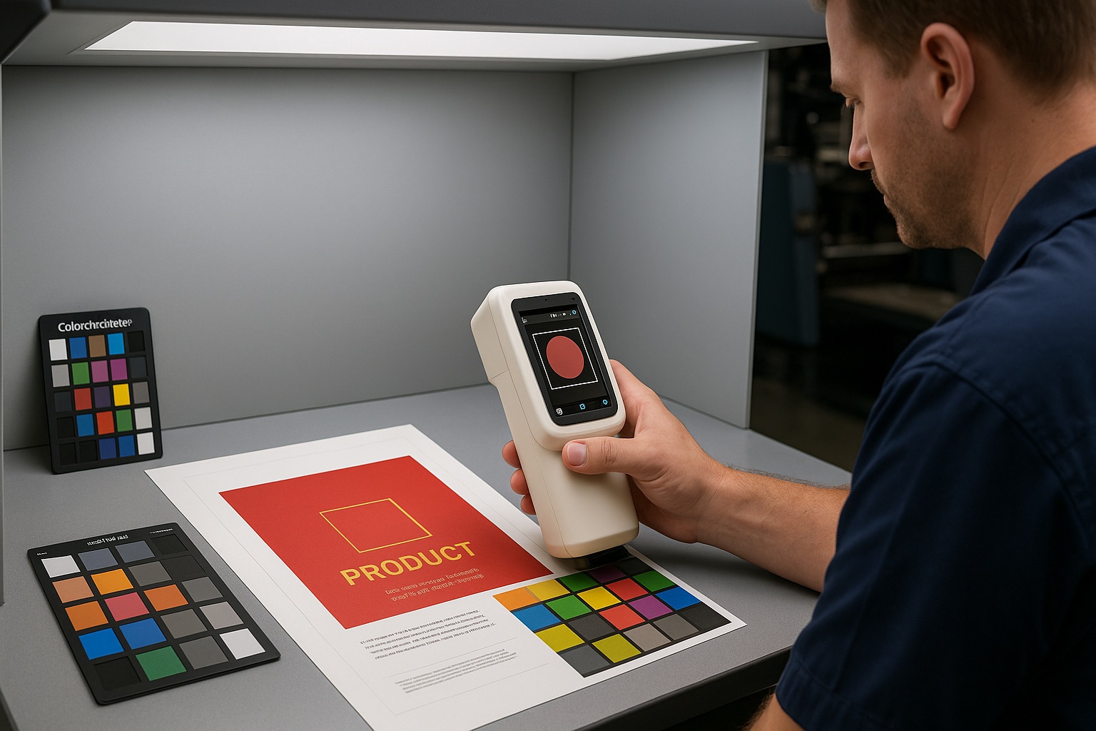 Kỹ thuật viên QC đo màu bao bì dưới tủ đèn D65 bằng colorimeter để kiểm tra ΔE tại line in