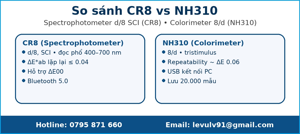 Bảng thông số chính giữa CR8 và NH310: quang học, ΔE, kết nối, lưu trữ