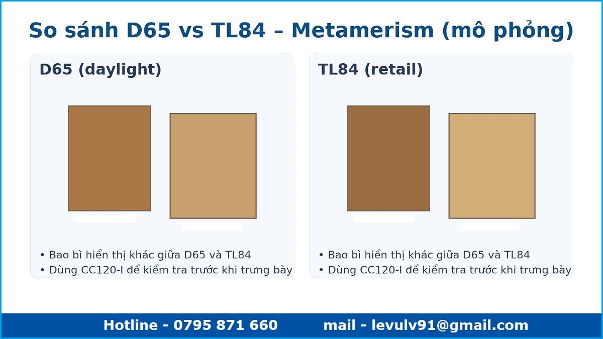 So sánh màu bao bì dưới D65 và TL84, minh họa metamerism