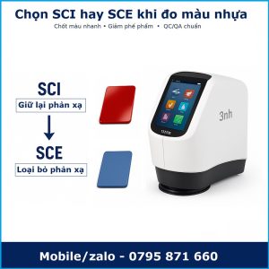 "Chọn SCI hay SCE khi đo màu nhựa" kèm máy quang phổ 3nh và hai mẫu nhựa bóng/mờ, phù hợp làm header bài viết