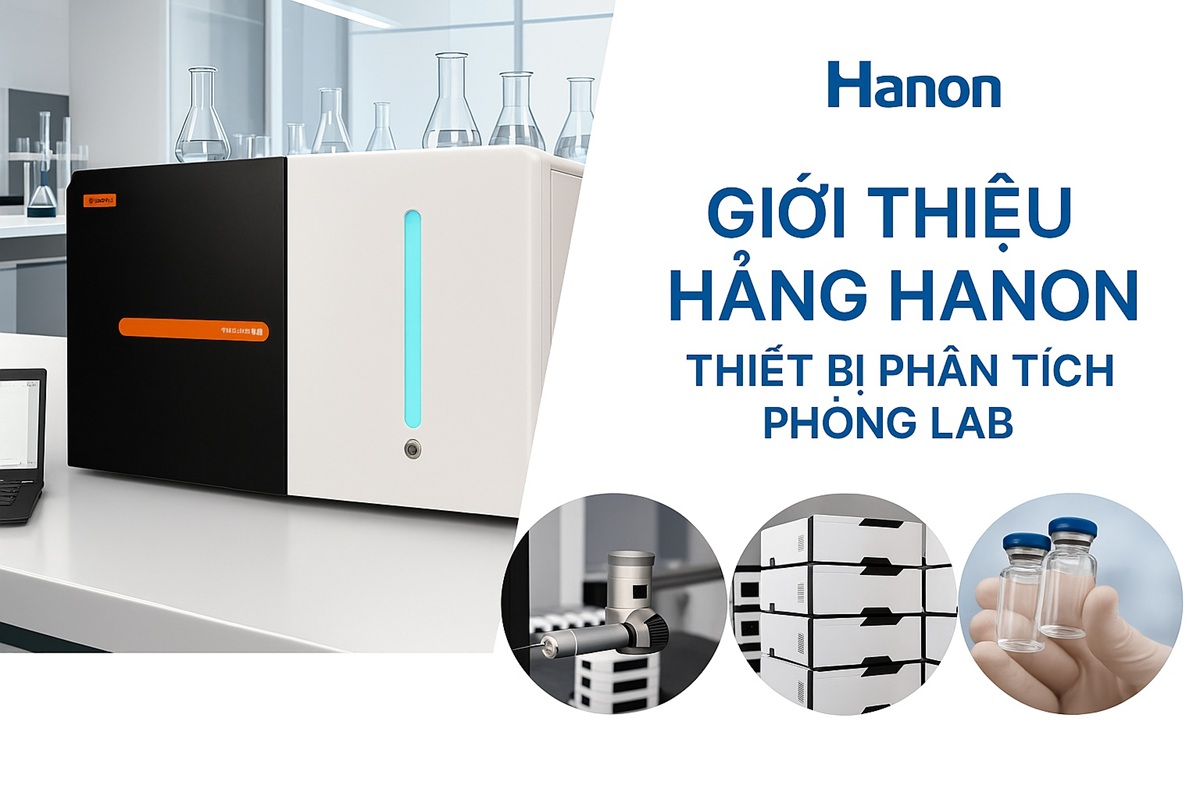 Giới thiệu hãng Hanon Instruments với hình ảnh thiết bị phân tích phòng thí nghiệm và các biểu tượng ứng dụng.
