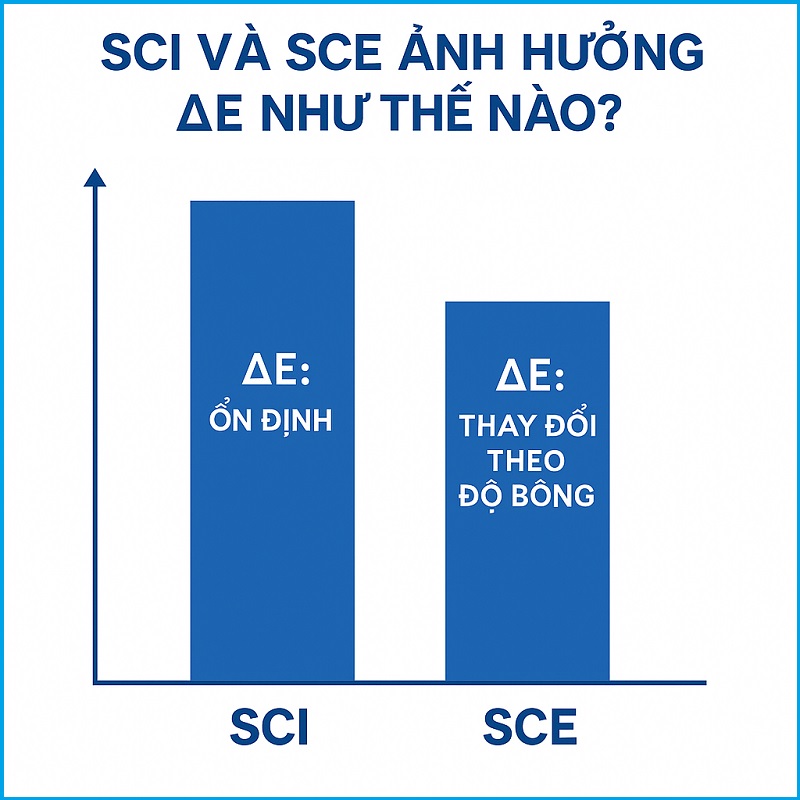 Biểu đồ so sánh ΔE giữa chế độ đo màu SCI và SCE, cho thấy SCI ổn định còn SCE thay đổi theo độ bóng vật liệu