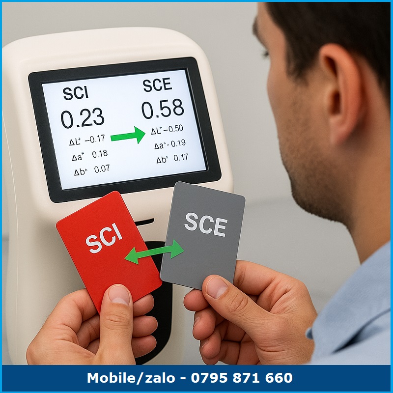 Kỹ thuật viên cầm hai mẫu màu SCI và SCE để so sánh khi đo bằng máy quang phổ, hiển thị rõ thông số ΔE giữa hai chế độ