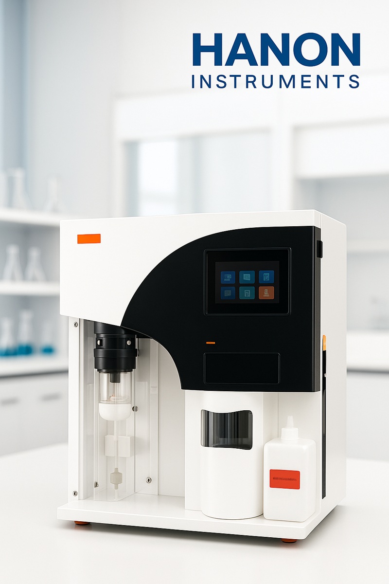 Thiết bị chưng cất đạm HANON K1100F đặt trong phòng thí nghiệm, logo Hanon phía trên.