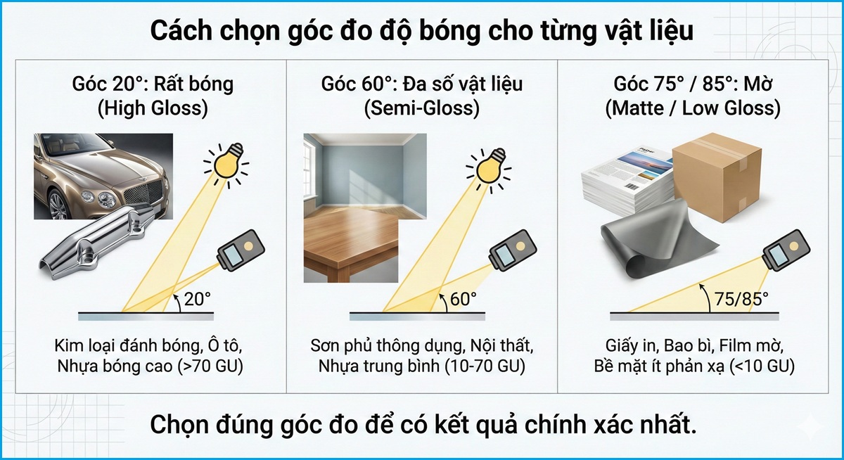 Hướng dẫn chọn góc đo độ bóng 20 độ 60 độ và 75 độ phù hợp từng vật liệu