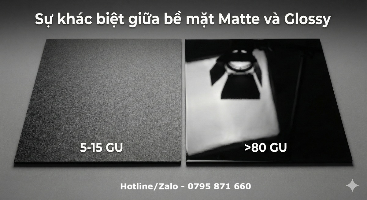 So sánh sự khác biệt giữa bề mặt mờ matte và bề mặt bóng glossy theo chỉ số GU