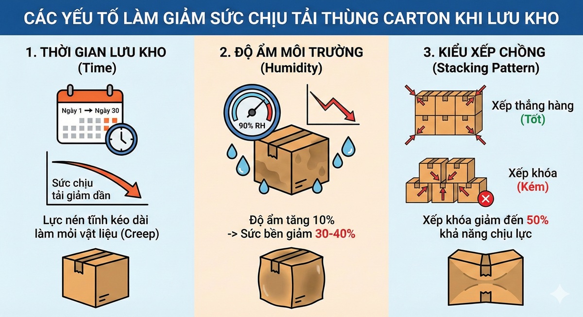 Infographic các yếu tố làm giảm sức chịu tải thùng carton: Thời gian lưu kho, độ ẩm môi trường và kiểu xếp chồng.