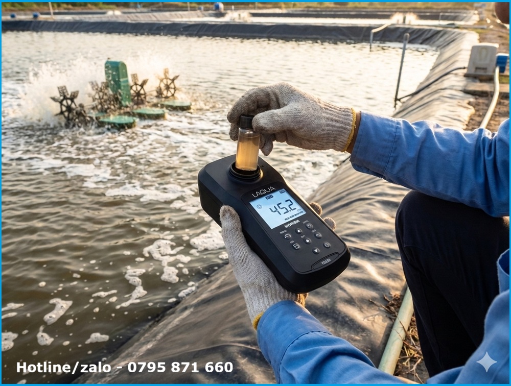 Kỹ sư sử dụng máy đo độ đục cầm tay Horiba TB220 kiểm tra chất lượng nước ngay tại ao nuôi