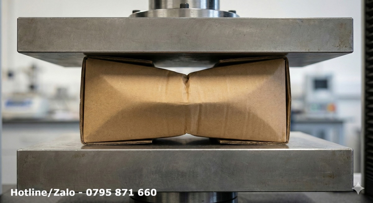 Thùng carton bị biến dạng phồng rộp (buckling) khi chịu lực nén cực đại giữa hai bàn ép song song