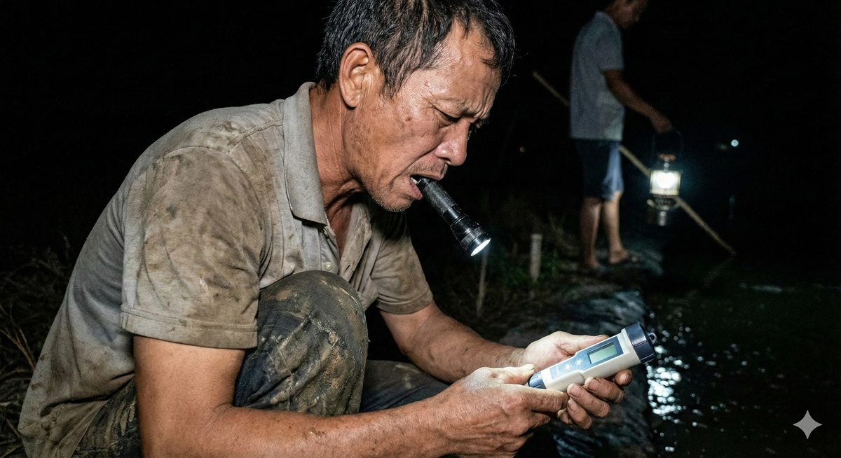 Người nuôi tôm gặp khó khăn khi dùng bút đo oxy giá rẻ không có đèn nền vào ban đêm