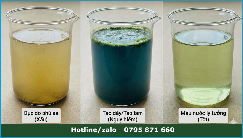 Hình ảnh so sánh màu nước ao tôm: đục do phù sa, tảo dày và màu nước lý tưởng cho tôm phát triển