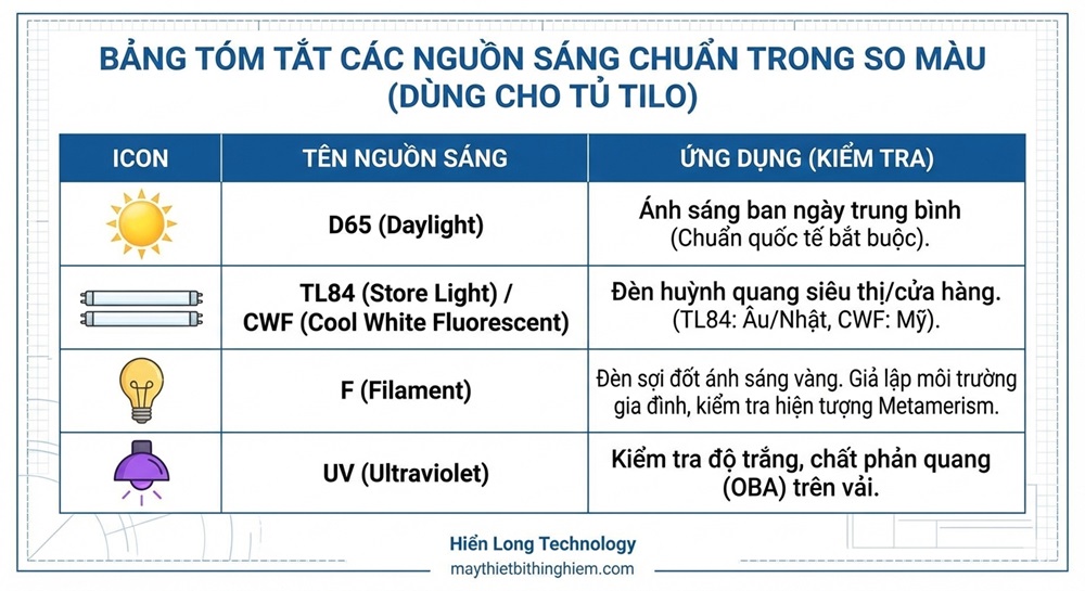 Bảng tóm tắt ứng dụng các nguồn sáng D65 TL84 CWF UV F trong kiểm tra chất lượng dệt may