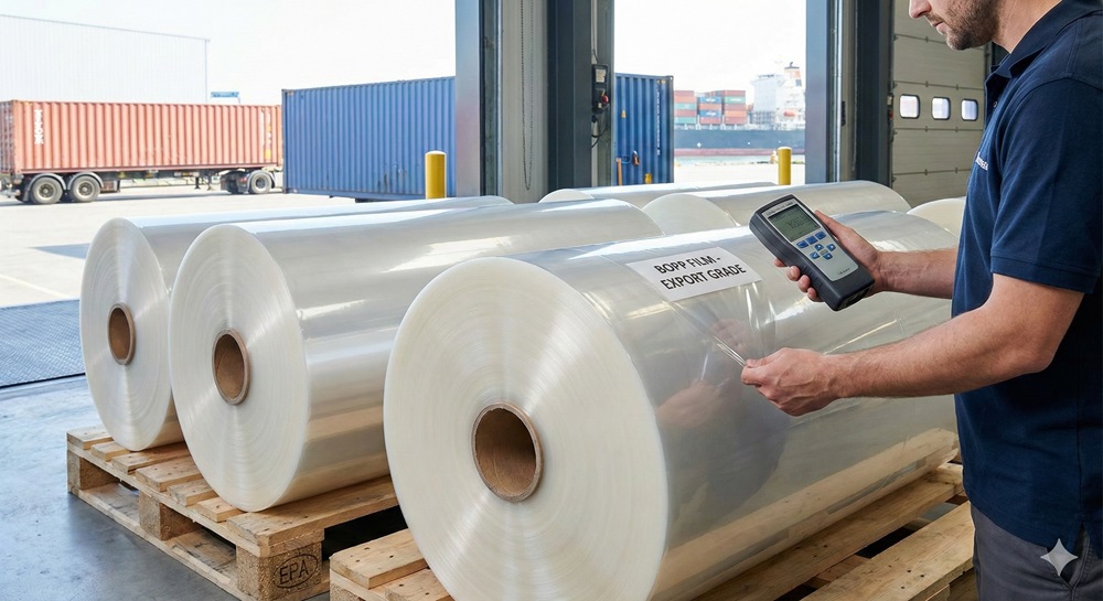 Kỹ thuật viên sử dụng máy đo độ mờ cầm tay để kiểm tra nhanh lô cuộn màng BOPP dán nhãn xuất khẩu ngay tại kho gần khu vực đóng container.