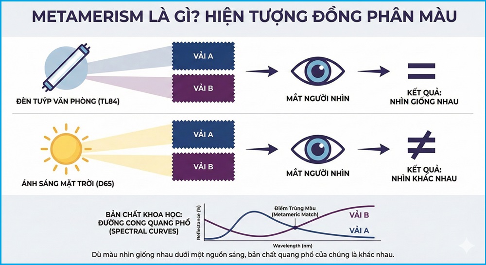 Biểu đồ giải thích nguyên lý hiện tượng đồng phân màu Metamerism dựa trên đường cong quang phổ và nguồn sáng