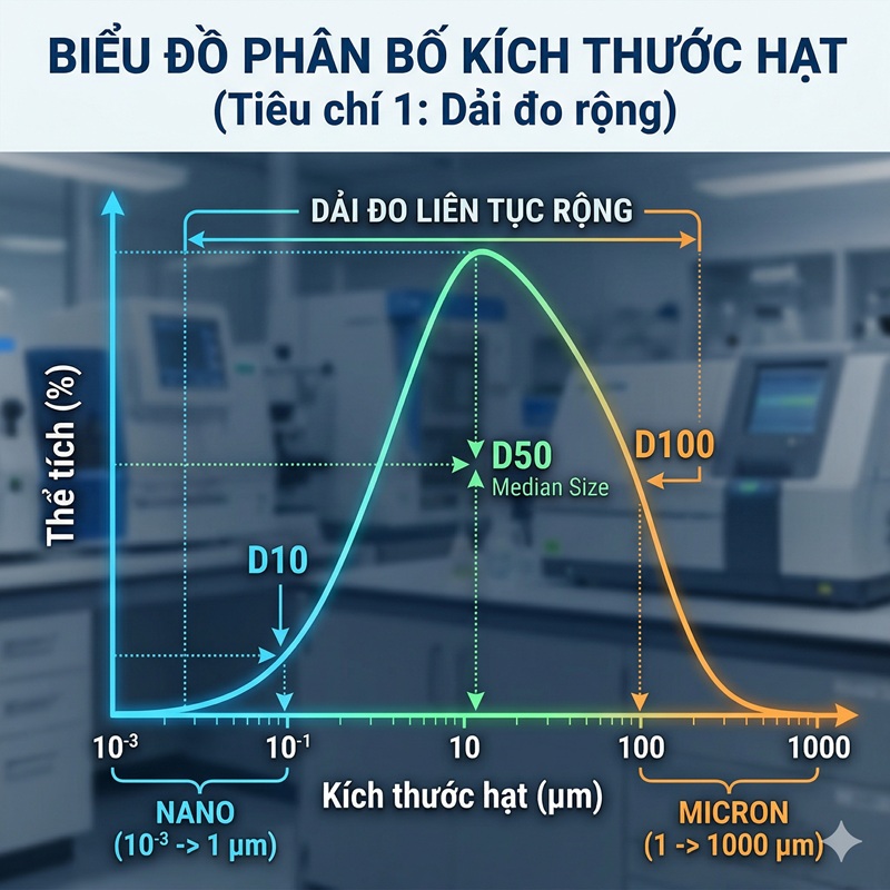 Biểu đồ phân bố kích thước hạt minh họa tiêu chí dải đo rộng liên tục từ hệ nanomet đến micromet.