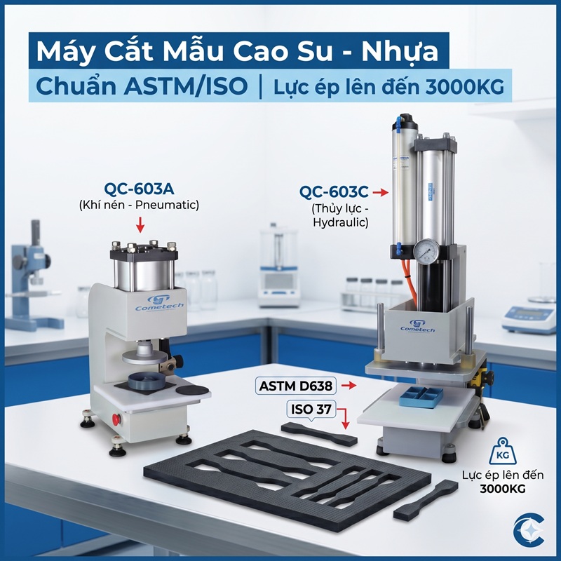 Hình ảnh tổng hợp so sánh hai dòng máy cắt mẫu vật liệu Cometech: model QC-603A (khí nén) và QC-603C (thủy lực), chuyên dùng cắt mẫu thử cao su nhựa chuẩn ASTM D638 và ISO 37, với lực ép tối đa lên đến 3000KG.